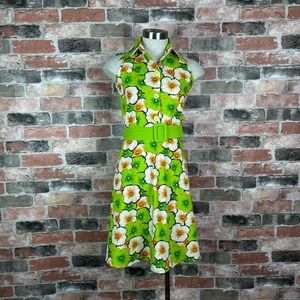 Voodoo Vixen Retro 50s Polly Floral Print Green Summer Dress Spring XS